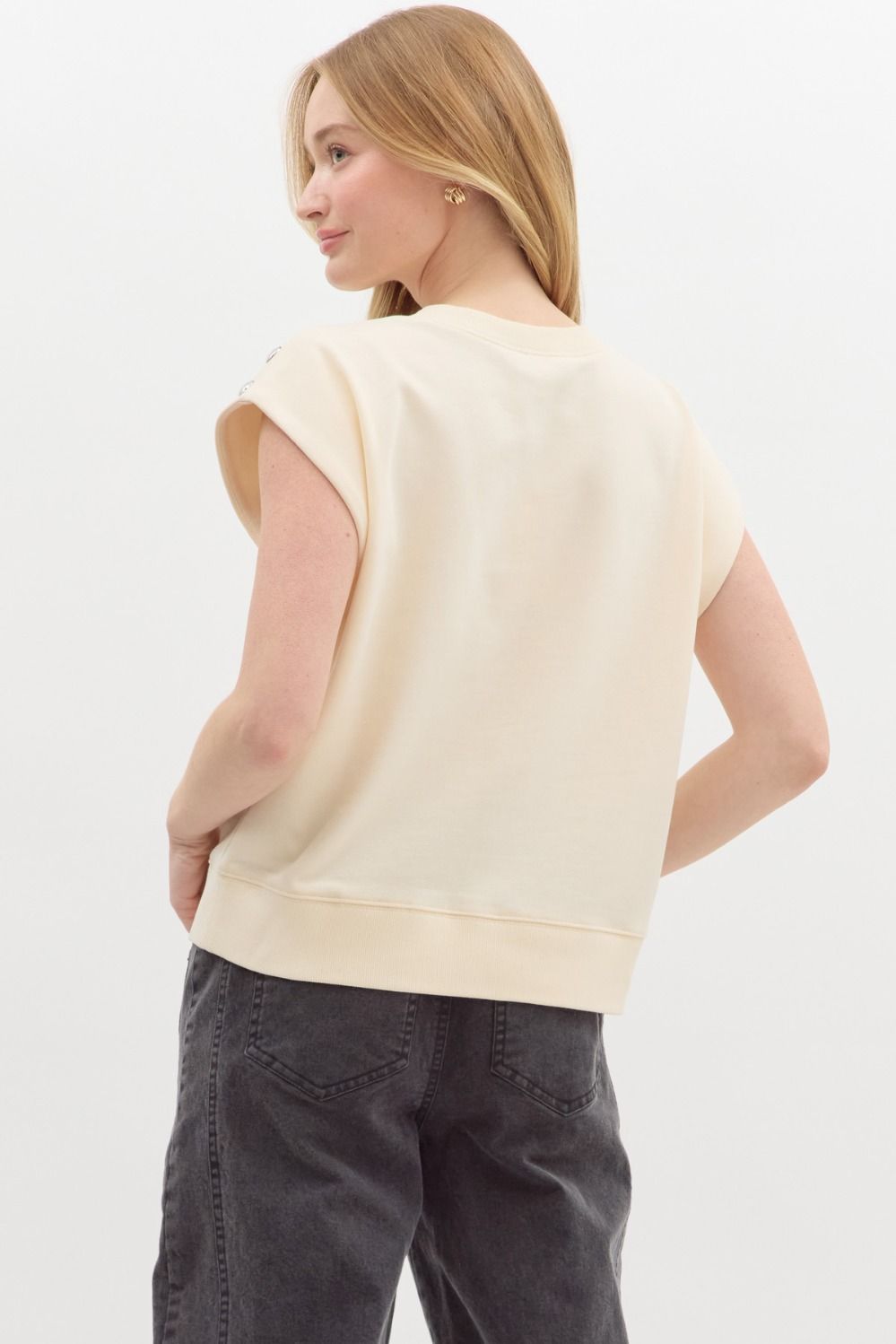 Ecru Knit Pullover with Silver Stud Shoulder Accents