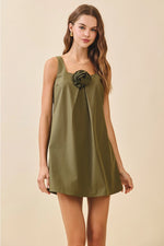 Celeste A Line 3D Rosette Mini Dress - Olive