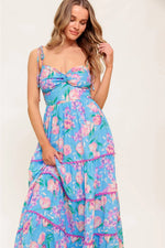 TROPICAL BLUE and PINK FLORAL PRINTED MAXI DRESS