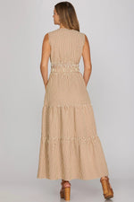 Dottie Gingham Tiered Sleeveless Maxi Dress- Brown