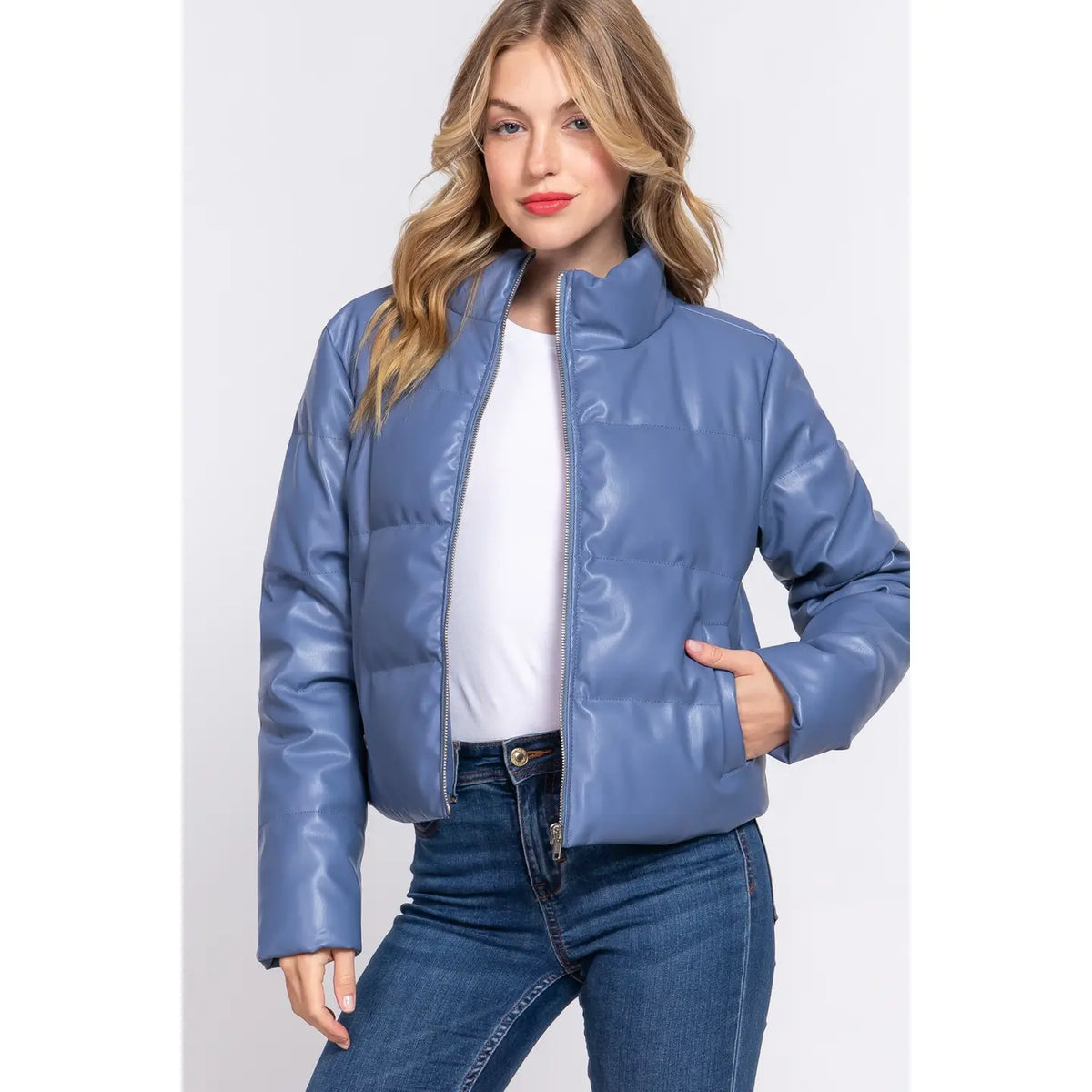 SLATE BLUE LEATHER PUFFER JACKET