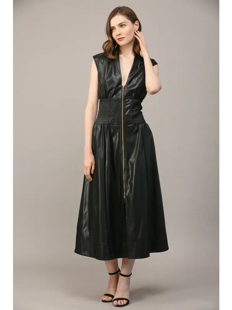 SMOCKED WAIST ZIP FRONT FAUX LEATHER MAXI DRESS BY FATE