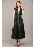 SMOCKED WAIST ZIP FRONT FAUX LEATHER MAXI DRESS BY FATE