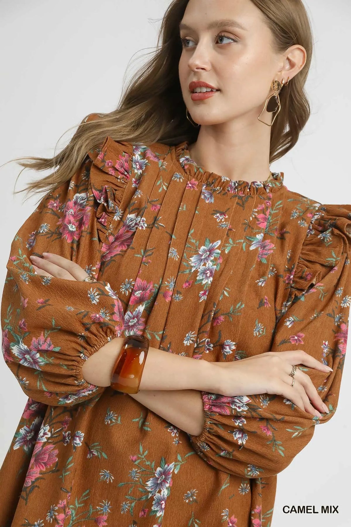 Camel Floral Ruffle Shoulder Mini Dress