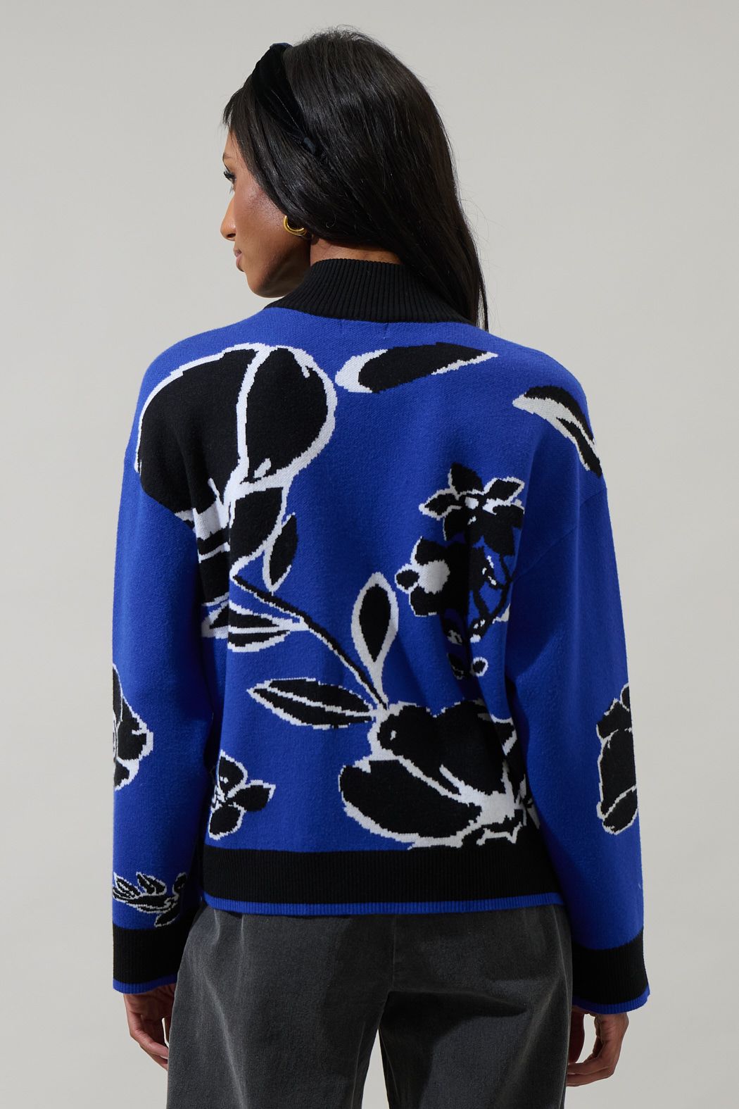 Carrey Floral Zip Up Sweater- Cobalt
