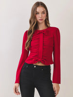 Ruched Bow Detail Long Sleeve Top- Red