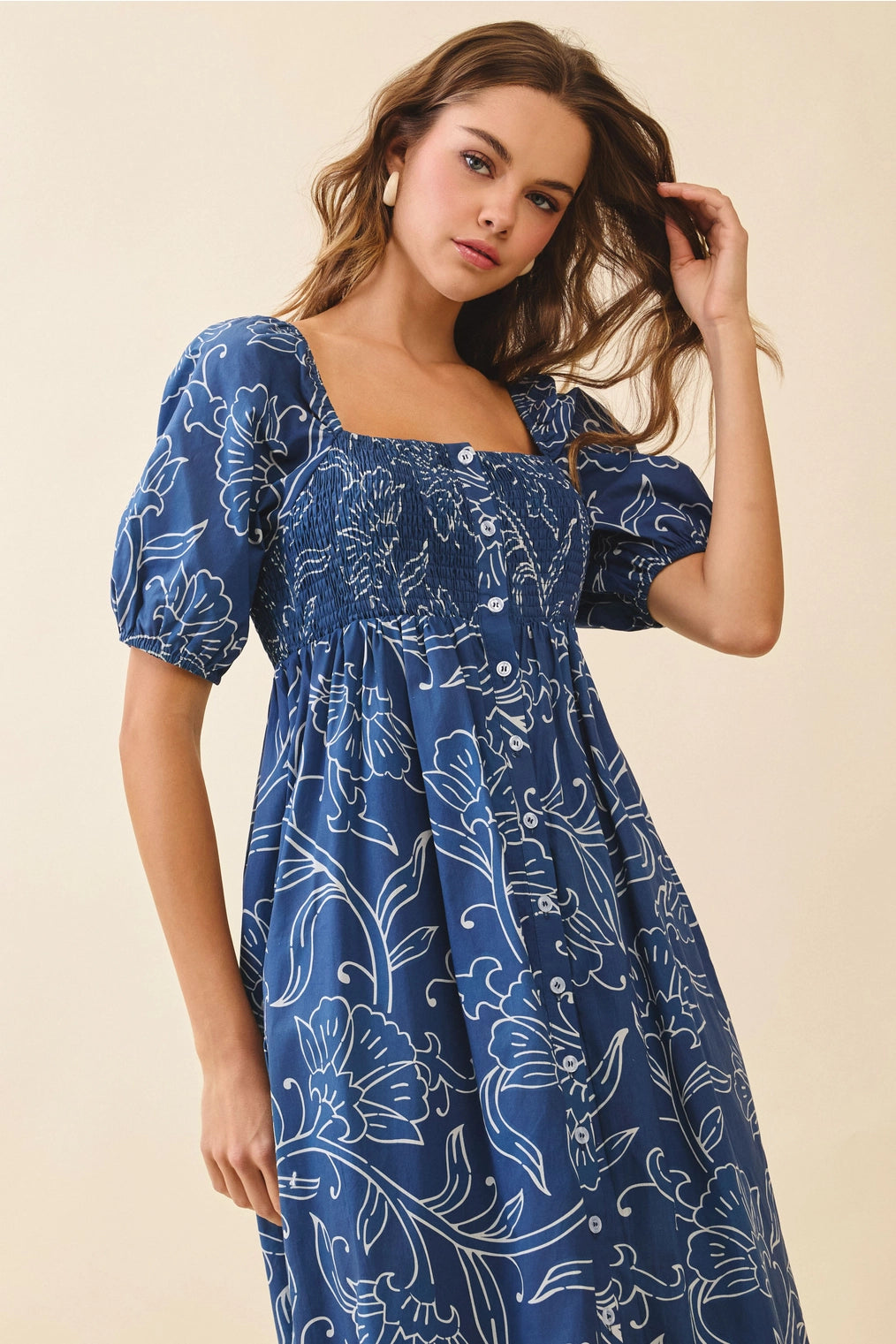 Floral Print Smocked Bodice Square Neck Maxi Dress