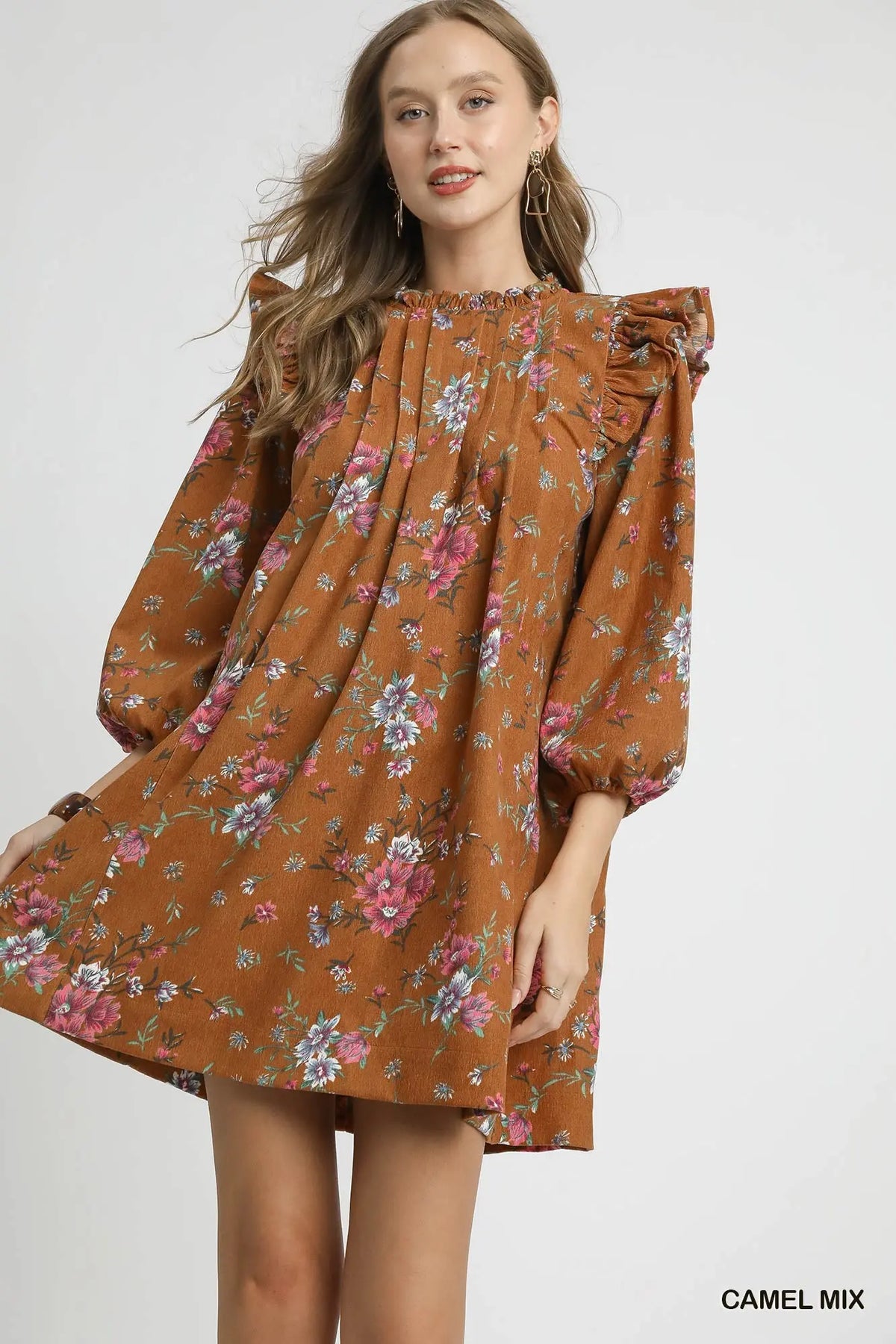 Camel Floral Ruffle Shoulder Mini Dress