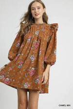 Camel Floral Ruffle Shoulder Mini Dress