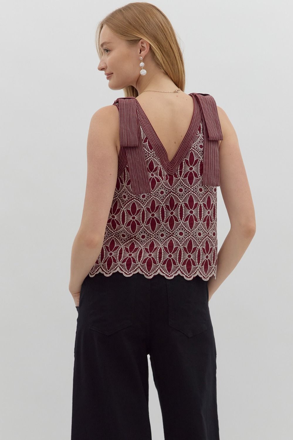 Maroon Floral Motif Embroidered V-neck Top featuring Exposed Stitch Detail Bow Shoulder Strap.