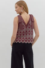 Maroon Floral Motif Embroidered V-neck Top featuring Exposed Stitch Detail Bow Shoulder Strap.