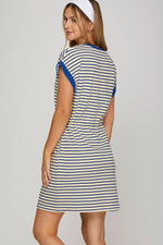 CAP SLEEVE STRIPED KNIT MINI DRESS WITH WAIST TUNNEL ELASTIC AND POCKETS- Royal Blue