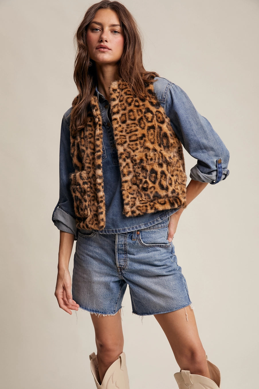 Camel Fur Leopard Vest