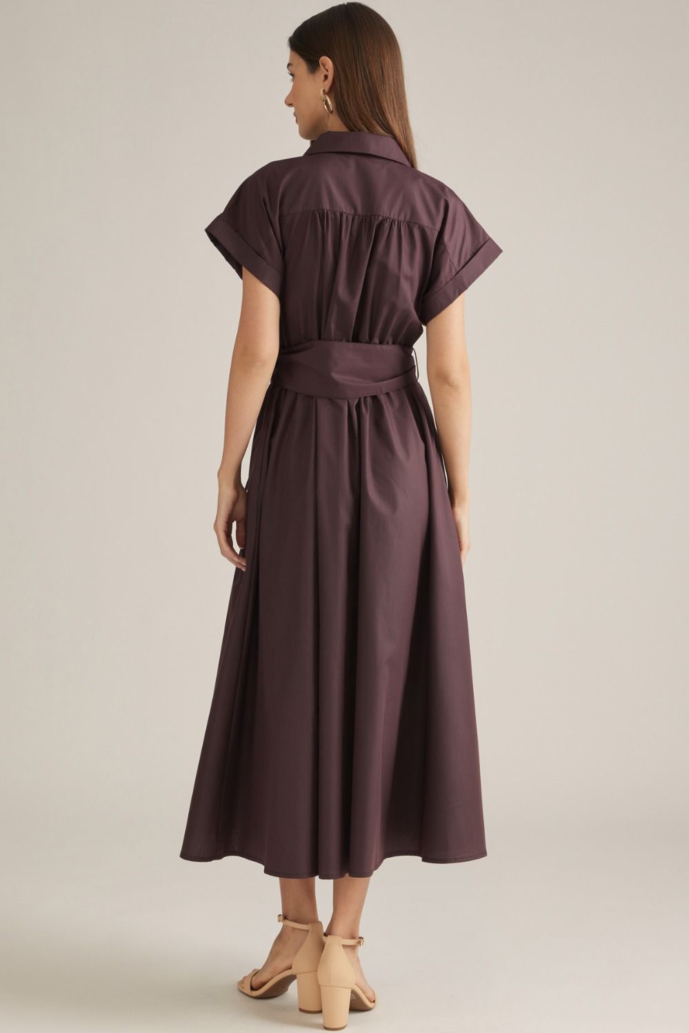Lexie Button Down Midi Shirt Dress with Belted Waist- Chocolate