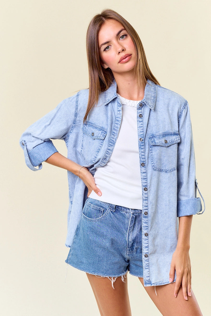 Chambray Button Down Shirt with Roll Up Sleeve- Light Denim