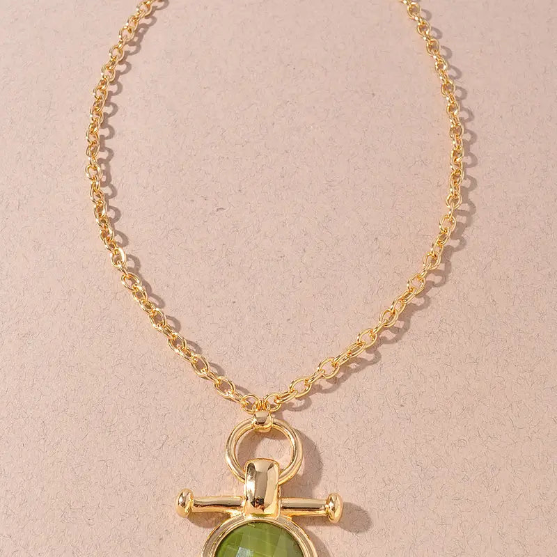 ROUND CAT'S EYE STONE PENDANT NECKLACE- Olive
