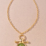 ROUND CAT'S EYE STONE PENDANT NECKLACE- Olive