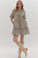 Floral Print Mini Dress with Scallop Trim