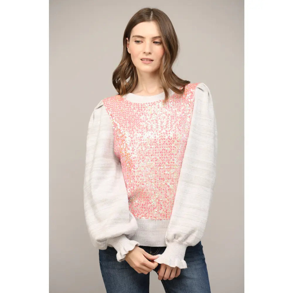 FATE SEQUIN EMBELLISHED PUFF SLEEVE SWEATER