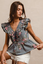 Vintage Floral Ruched V Neck Denim Peplum Top