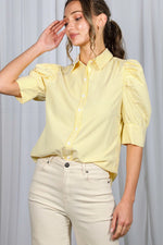 Bella Striped Button Down Puff Sleeve Top- Yellow
