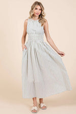 SLEEVELESS BLUE AND IVORY STRIPED MAXI DRESS WITH CINCHED WAIST AND POCKETS