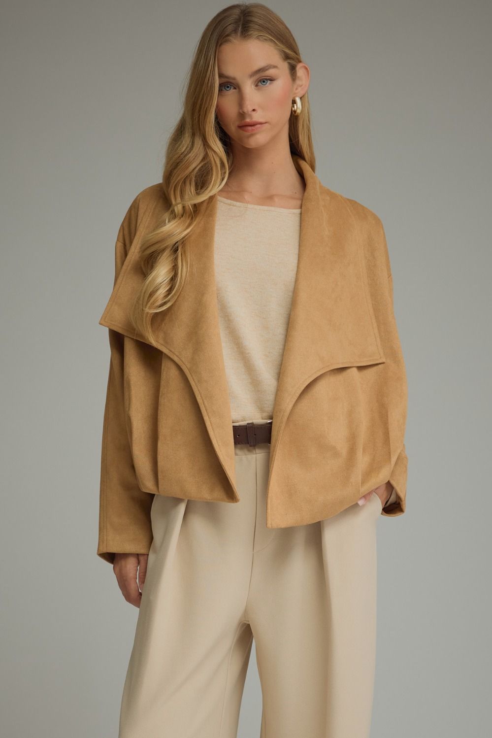 Evelyn Soft Suede Draped Lapel Jacket- Camel