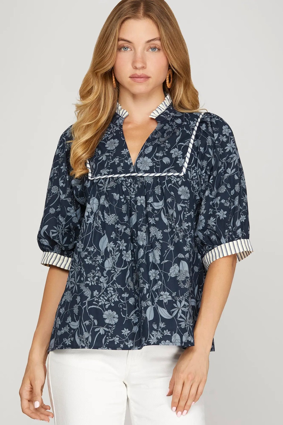 Navy Floral Top with Ruffle Collar and Cuff Sleeve Contrast