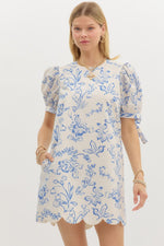 Marley Blue Floral Shift Mini Dress with Puff Sleeve Tie Detail