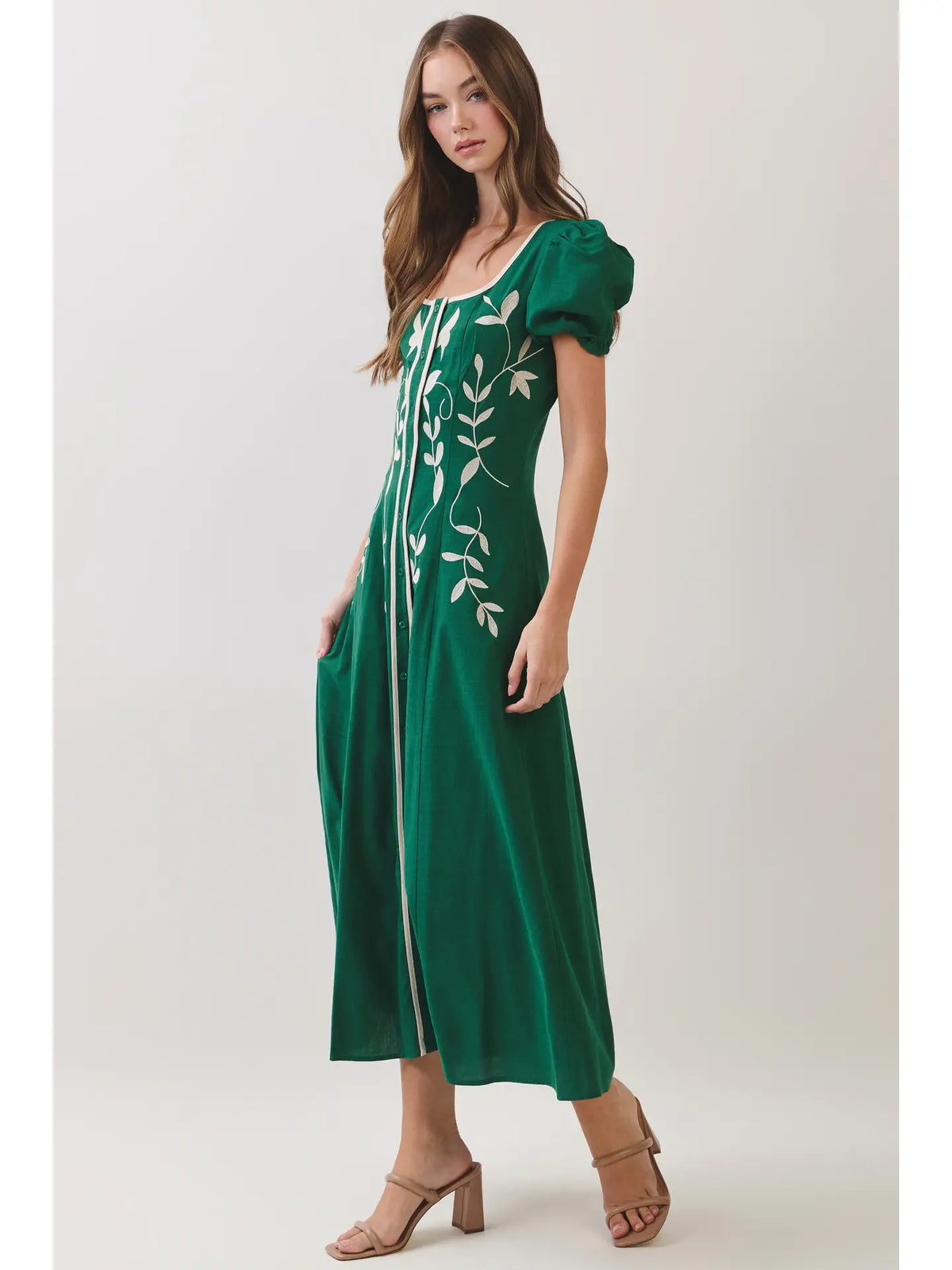 Celia Embroidered Puff Sleeve Midi Dress- Forest