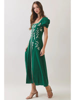 Celia Embroidered Puff Sleeve Midi Dress- Forest