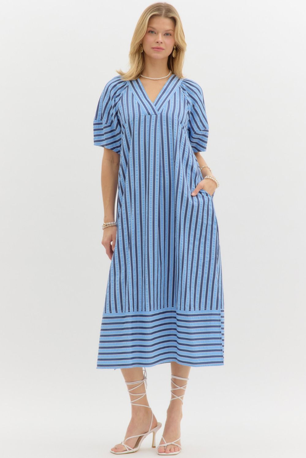Light Blue V Neck Stripe Midi Dress