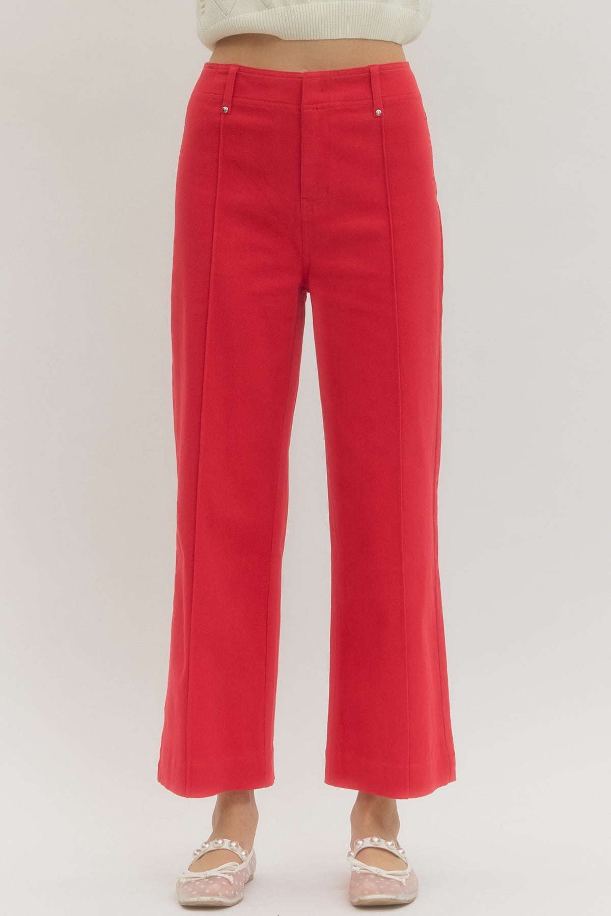 Red High Rise Wide Leg Pants with Front Seam Detail and Back Patch Pockets