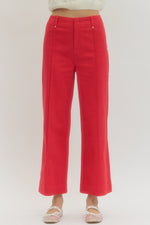Red High Rise Wide Leg Pants with Front Seam Detail and Back Patch Pockets