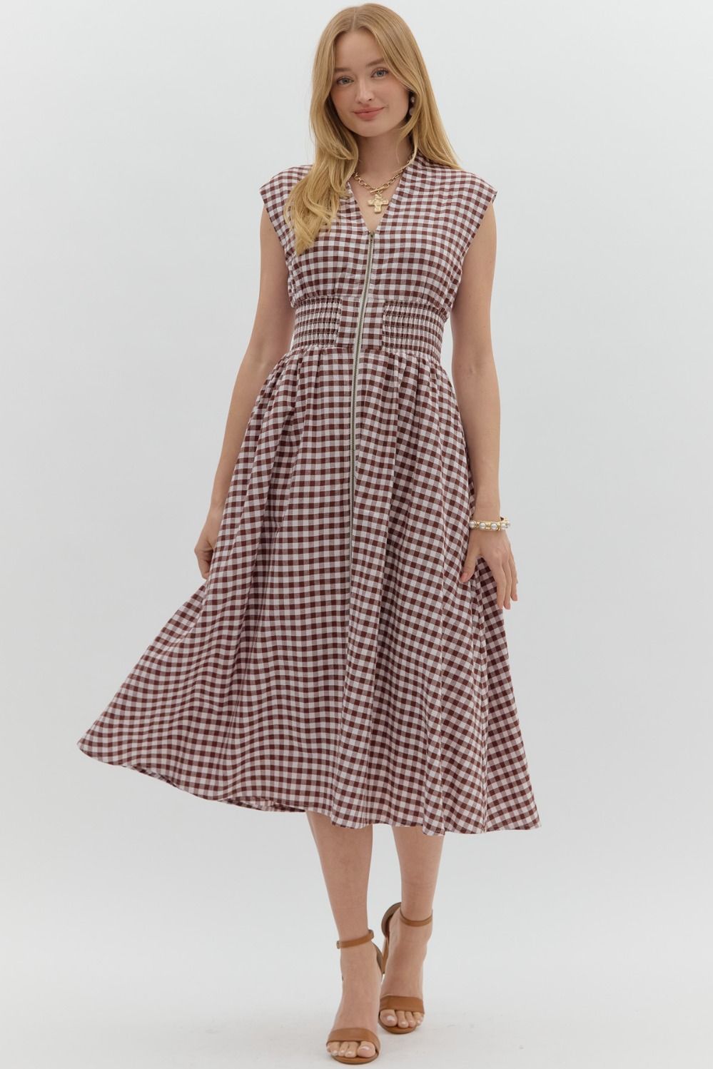 Mocha Gingham Zip Front Midi Dress with Side Pockets