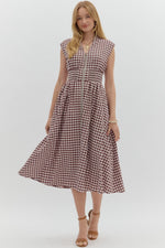 Mocha Gingham Zip Front Midi Dress with Side Pockets