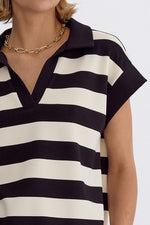 Black and Ivory Collared Striped V Neck Top