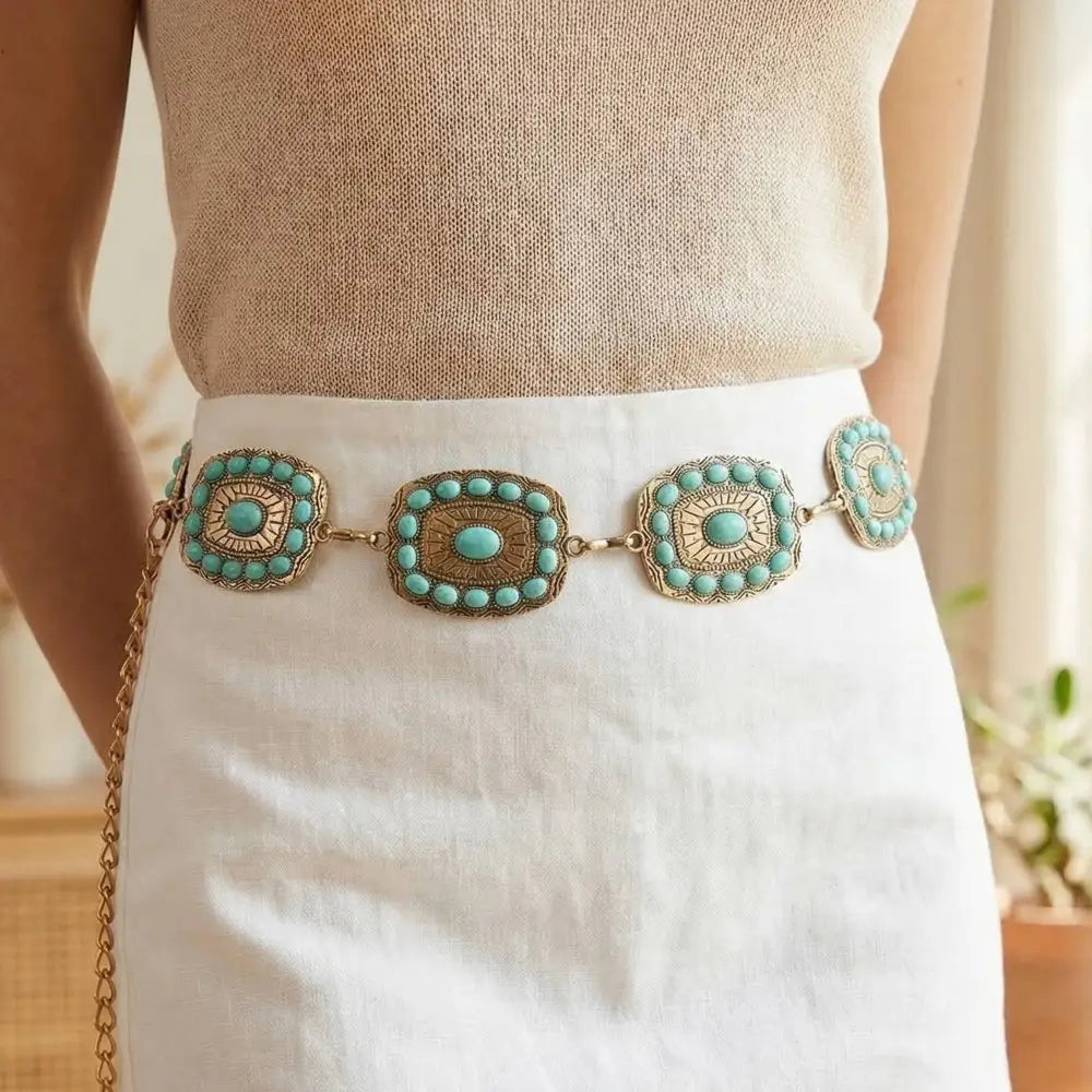 Western Turquoise Round Studded Rectangle Concho Chain Belt- Gold