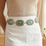 Western Turquoise Round Studded Rectangle Concho Chain Belt- Gold