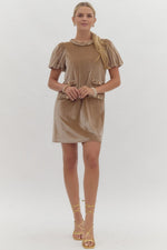 Puff Sleeve Velvet Mini Dress with Braided Neck and Pocket Detail