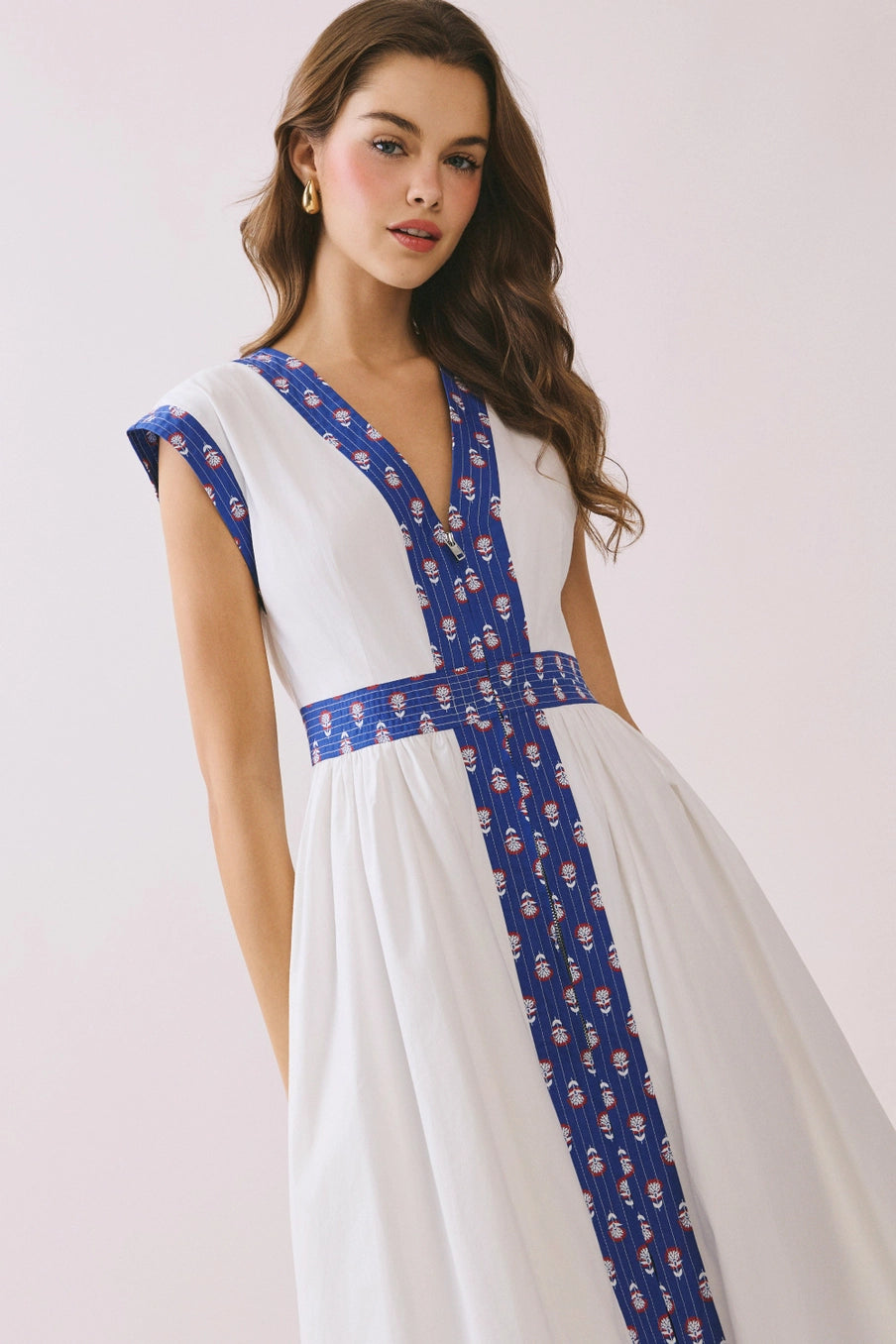 Scarlett Contrast Printed Trim Detail V Neck Midi Dress- White with Red/Blue