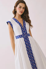 Scarlett Contrast Printed Trim Detail V Neck Midi Dress- White with Red/Blue