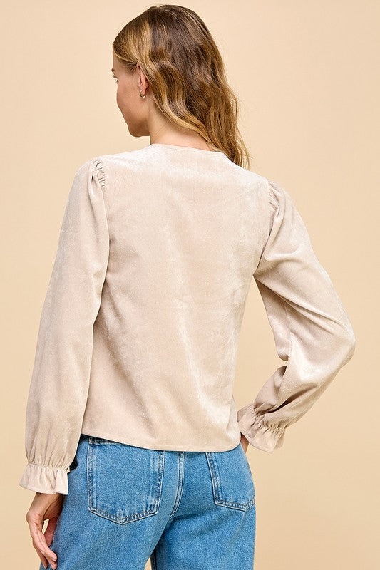 SUEDE SCALLOPED NECKLINE DETAIL TOP