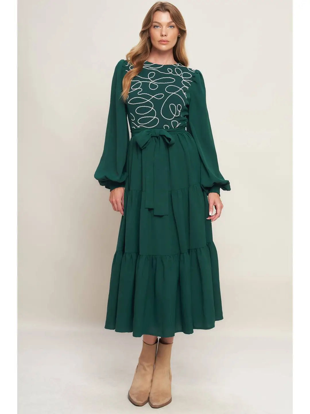 HUNTER GREEN TIERED MAXI WITH TIE WASIT