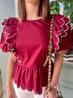 Dark Burgundy Peplum Top with Scallop White Trim Detail