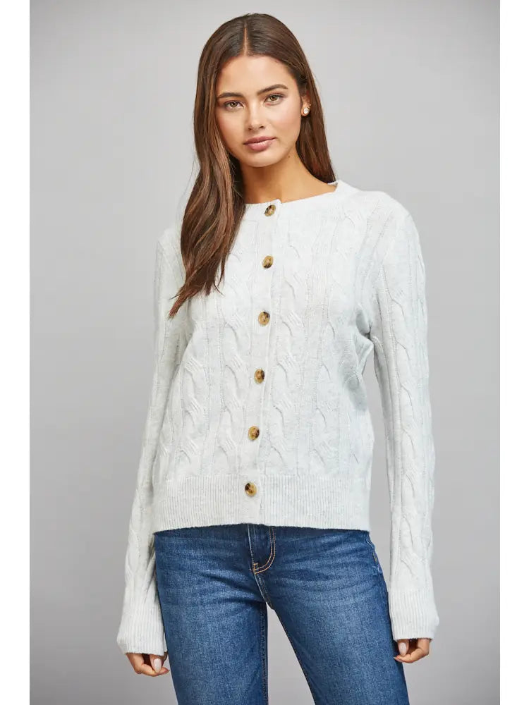 Classic Heather Grey Cable Knit Button Down Cardigan by Fate