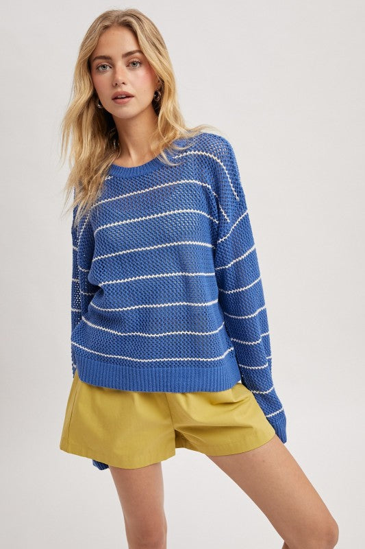 Atlantic Blue Stripe Open Knit Sweater