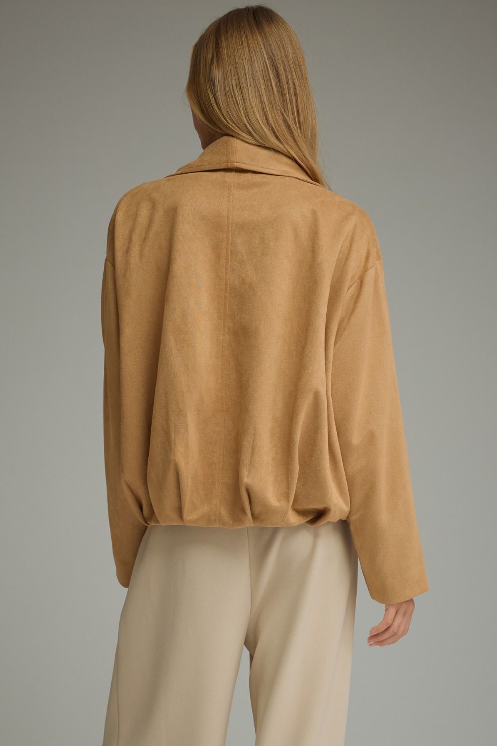 Evelyn Soft Suede Draped Lapel Jacket- Camel
