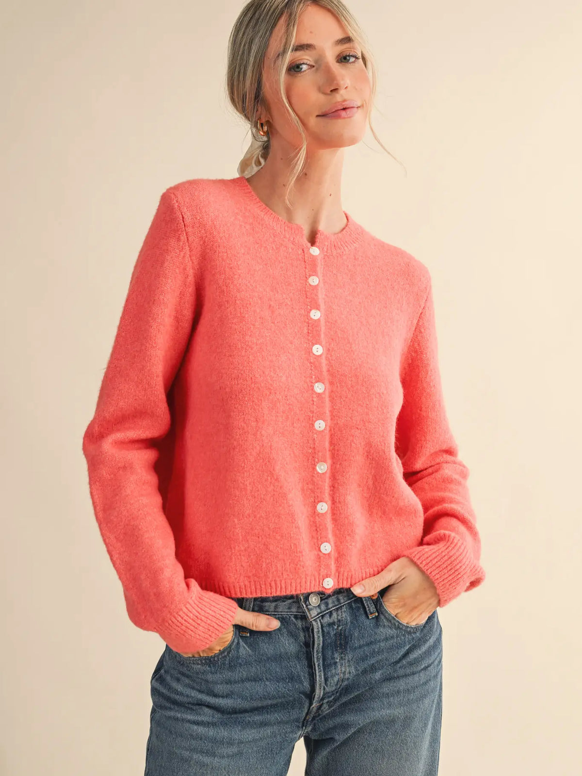 Marled Knit Button Up Sweater Cardigan-Coral