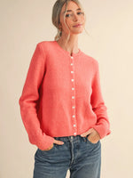 Marled Knit Button Up Sweater Cardigan-Coral